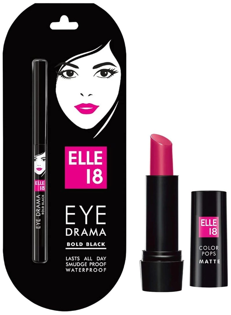 Elle 18 Color Pop Matte Finish Lip Color, P24, Pink Show, 4.3G & Eye Drama Kajal, Super Black, Smudgeproof & Waterproof, 0.35G - Image 1